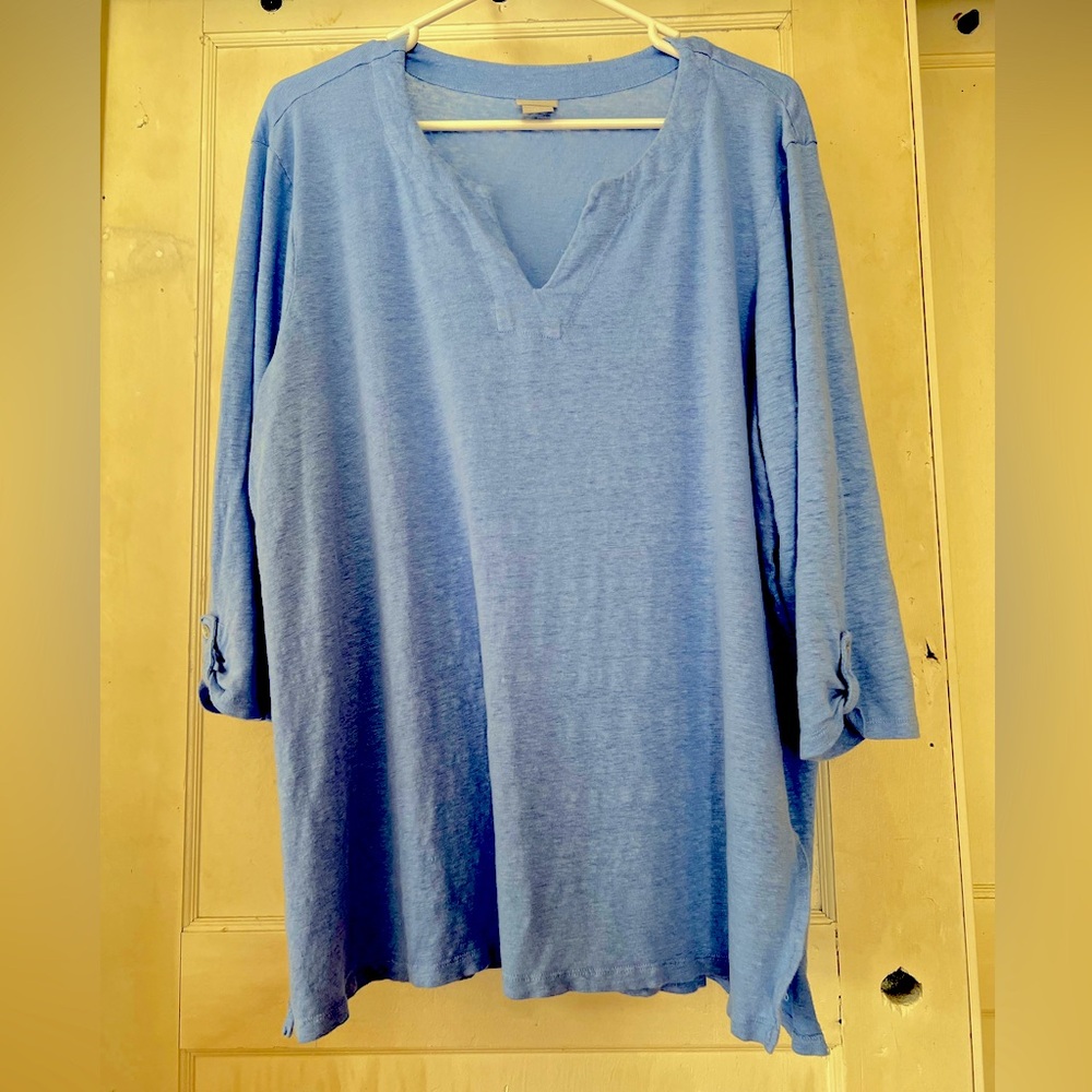 CHICOS LINEN V-NECK PULLOVER TOP SZ XXL ROLL-TAB 3/4 SLEEVE BLUE